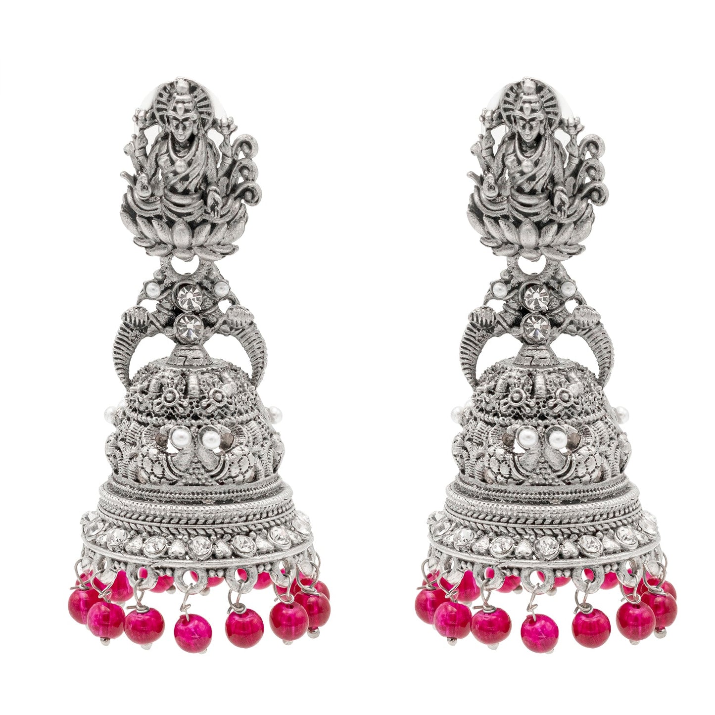 Shining Jewel Traditional Indian Matte Silver Oxidised CZ, Crystal Studded Temple Jhumka Earring For Women - Silver Maroon (SJE_176_S_M)