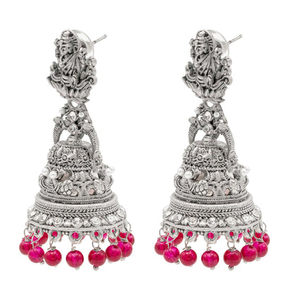 Shining Jewel Traditional Indian Matte Silver Oxidised CZ, Crystal Studded Temple Jhumka Earring For Women - Silver Maroon (SJE_176_S_M)