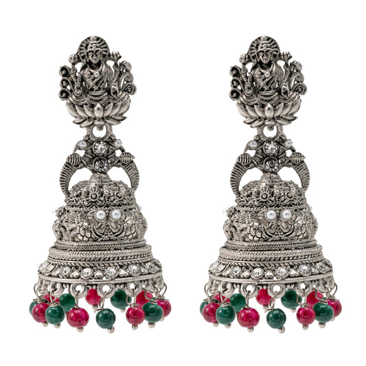Shining Jewel Traditional Indian Matte Silver Oxidised CZ, Crystal Studded Temple Jhumka Earring For Women - Silver Ruby Green (SJE_176_S_R_G)