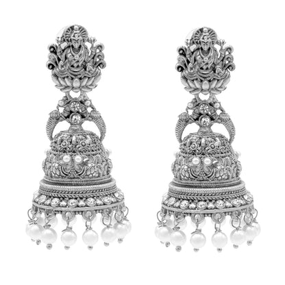 Shining Jewel Traditional Indian Matte Silver Oxidised CZ, Crystal Studded Temple Jhumka Earring For Women - Silver White (SJE_176_S_W)