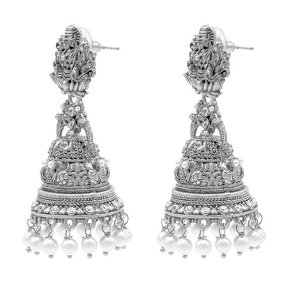 Shining Jewel Traditional Indian Matte Silver Oxidised CZ, Crystal Studded Temple Jhumka Earring For Women - Silver White (SJE_176_S_W)