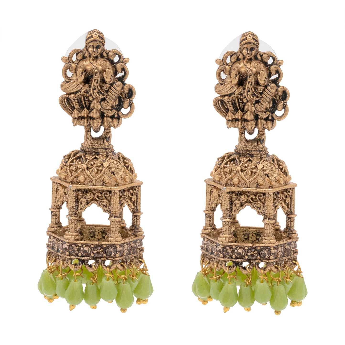 Shining Jewel Traditional Indian Matte Gold Oxidised CZ, Crystal Studded Temple Jhumka Earring For Women - Gold Green (SJE_177_G_G)