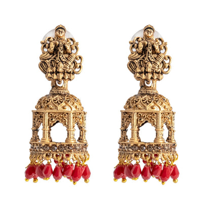 Shining Jewel Traditional Indian Matte Gold Oxidised CZ, Crystal Studded Temple Jhumka Earring For Women - Gold Maroon (SJE_177_G_M)