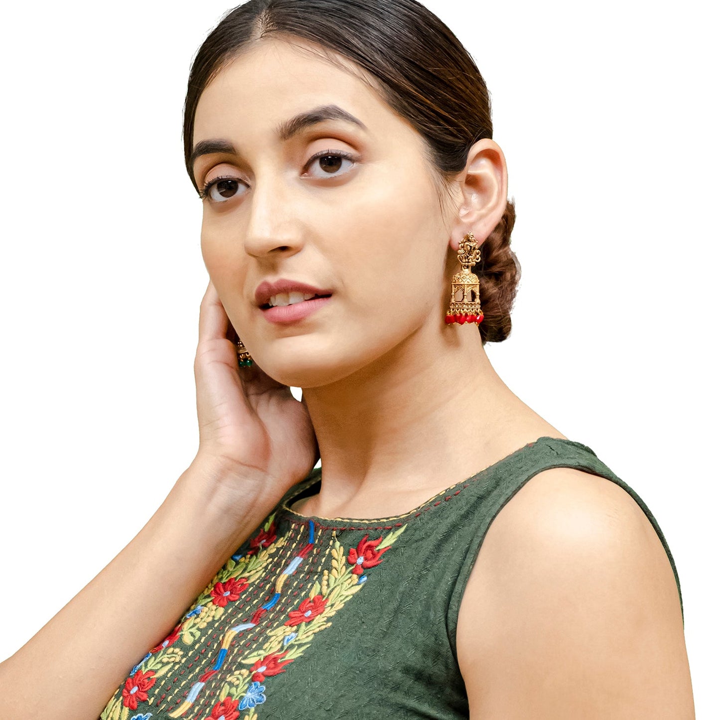 Shining Jewel Traditional Indian Matte Gold Oxidised CZ, Crystal Studded Temple Jhumka Earring For Women - Gold Maroon (SJE_177_G_M)