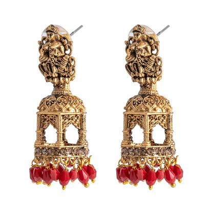 Shining Jewel Traditional Indian Matte Gold Oxidised CZ, Crystal Studded Temple Jhumka Earring For Women - Gold Maroon (SJE_177_G_M)