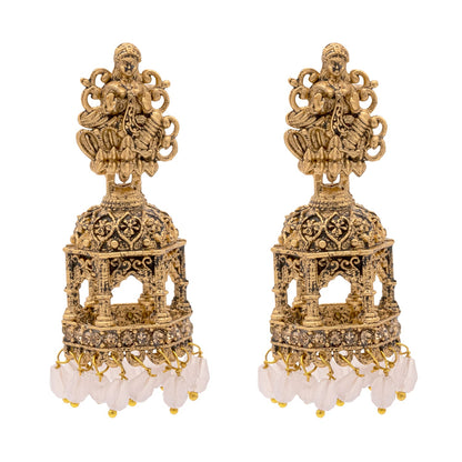 Shining Jewel Traditional Indian Matte Gold Oxidised CZ, Crystal Studded Temple Jhumka Earring For Women - Gold Pink (SJE_177_G_P)