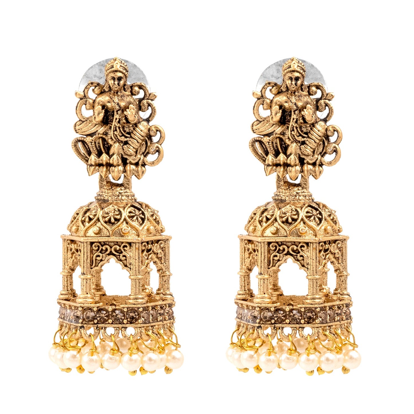 Shining Jewel Traditional Indian Matte Gold Oxidised CZ, Crystal Studded Temple Jhumka Earring For Women - Gold White (SJE_177_G_W)