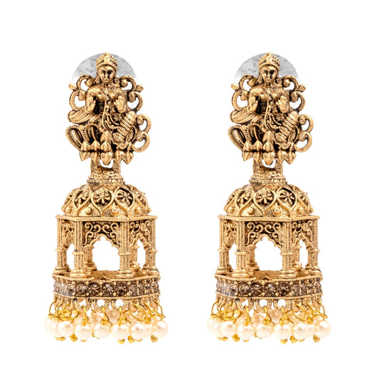 Shining Jewel Traditional Indian Matte Gold Oxidised CZ, Crystal Studded Temple Jhumka Earring For Women - Gold White (SJE_177_G_W)