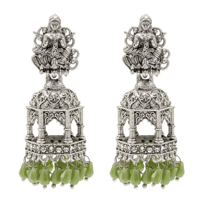 Shining Jewel Traditional Indian Matte Silver Oxidised CZ, Crystal Studded Temple Jhumka Earring For Women - Silver Green (SJE_177_S_G)