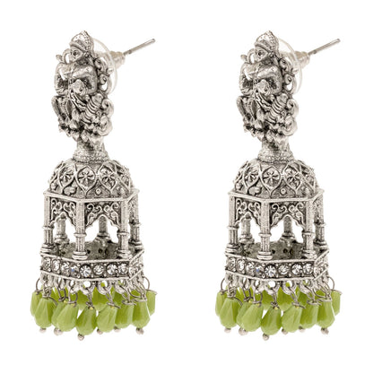 Shining Jewel Traditional Indian Matte Silver Oxidised CZ, Crystal Studded Temple Jhumka Earring For Women - Silver Green (SJE_177_S_G)