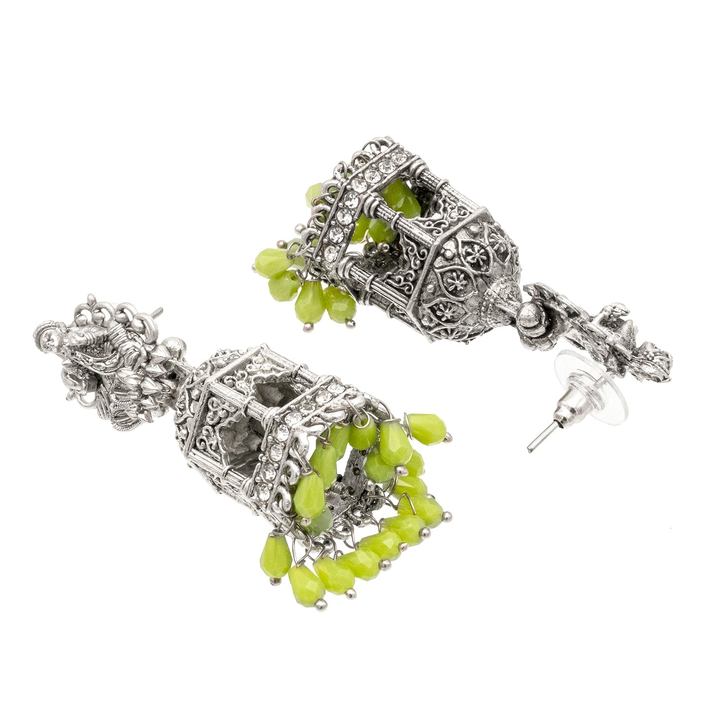 Shining Jewel Traditional Indian Matte Silver Oxidised CZ, Crystal Studded Temple Jhumka Earring For Women - Silver Green (SJE_177_S_G)