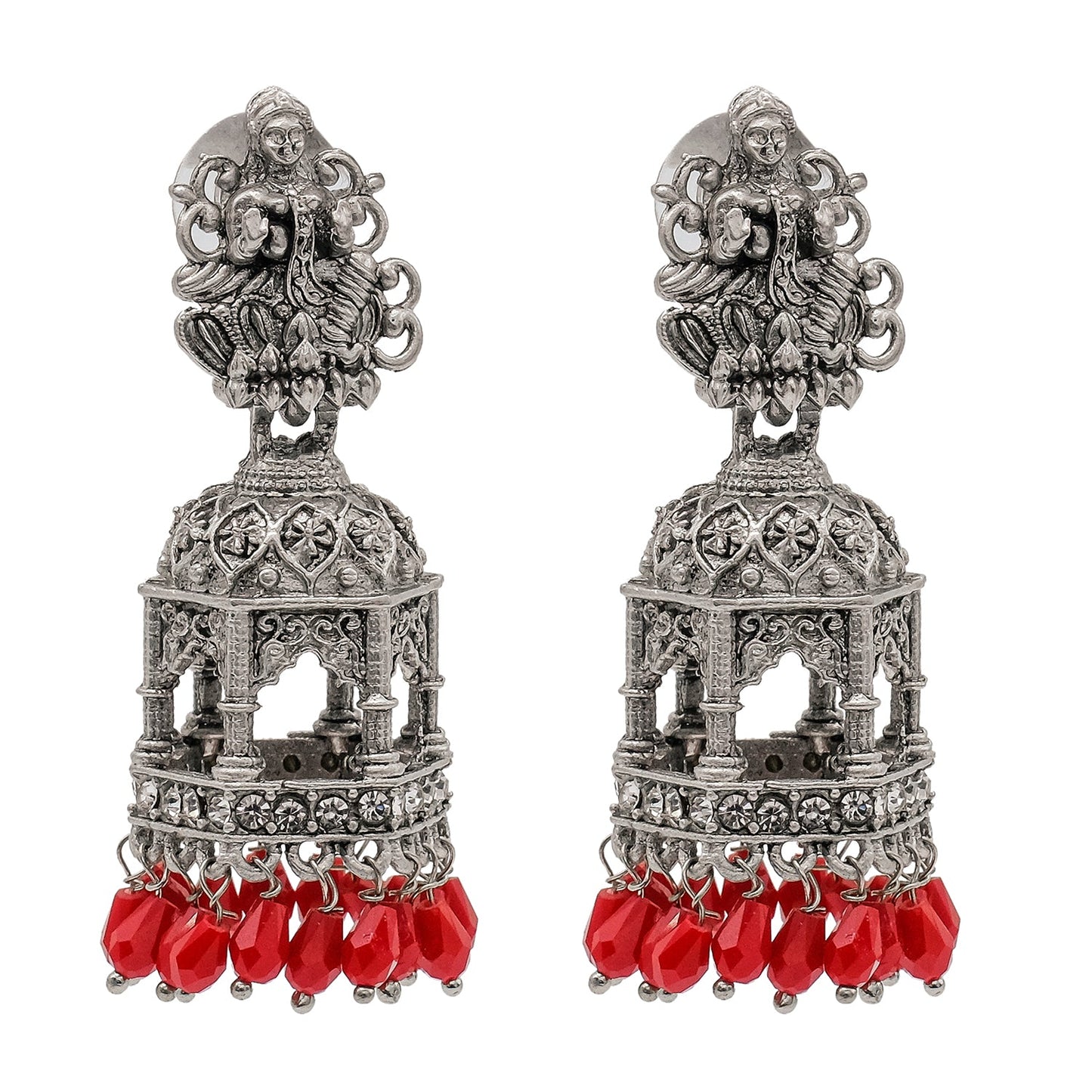 Shining Jewel Traditional Indian Matte Silver Oxidised CZ, Crystal Studded Temple Jhumka Earring For Women - Silver Maroon (SJE_177_S_M)