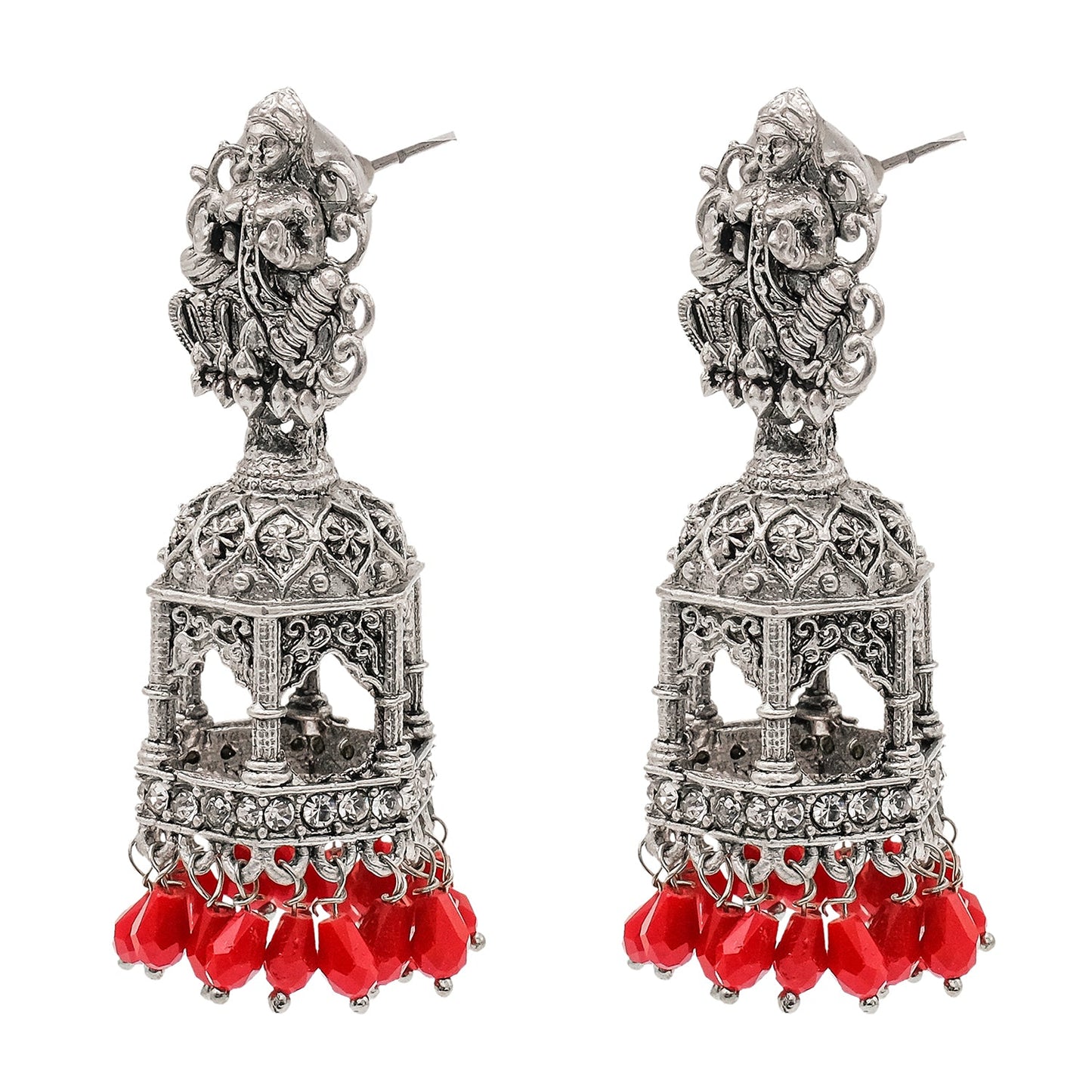 Shining Jewel Traditional Indian Matte Silver Oxidised CZ, Crystal Studded Temple Jhumka Earring For Women - Silver Maroon (SJE_177_S_M)