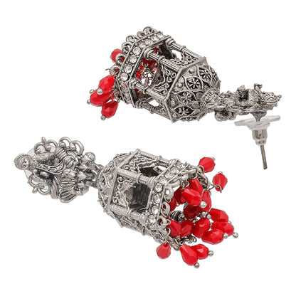 Shining Jewel Traditional Indian Matte Silver Oxidised CZ, Crystal Studded Temple Jhumka Earring For Women - Silver Maroon (SJE_177_S_M)