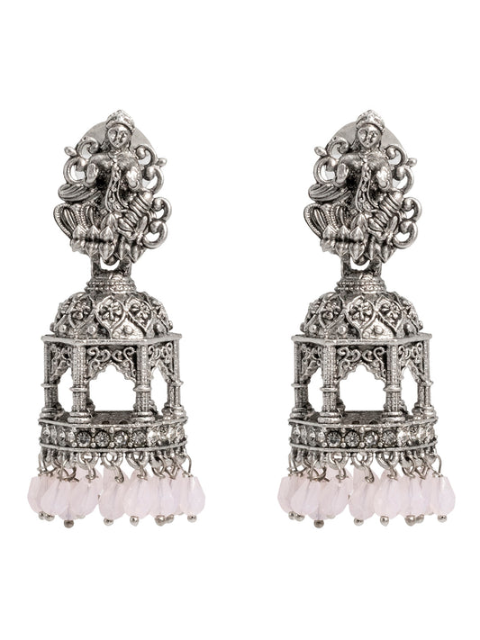 Shining Jewel Traditional Indian Matte Silver Oxidised CZ, Crystal Studded Temple Jhumka Earring For Women - Silver Pink (SJE_177_S_P)