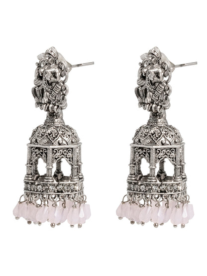 Shining Jewel Traditional Indian Matte Silver Oxidised CZ, Crystal Studded Temple Jhumka Earring For Women - Silver Pink (SJE_177_S_P)