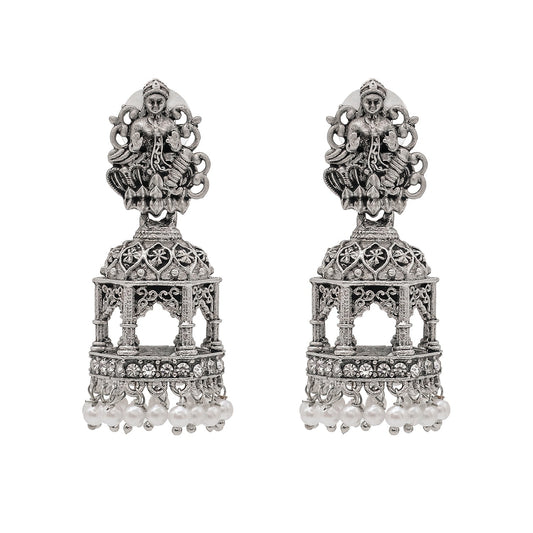 Shining Jewel Traditional Indian Matte Silver Oxidised CZ, Crystal Studded Temple Jhumka Earring For Women - Silver White (SJE_177_S_W)