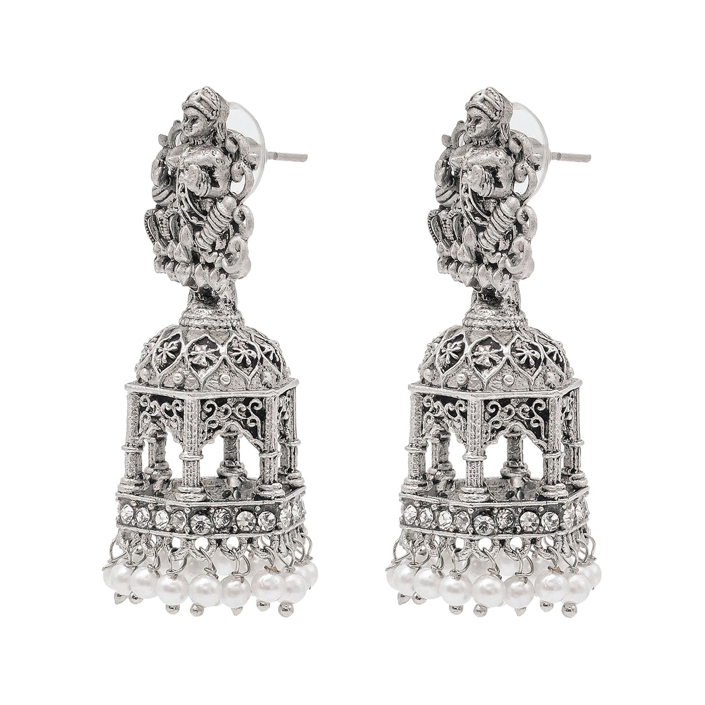 Shining Jewel Traditional Indian Matte Silver Oxidised CZ, Crystal Studded Temple Jhumka Earring For Women - Silver White (SJE_177_S_W)