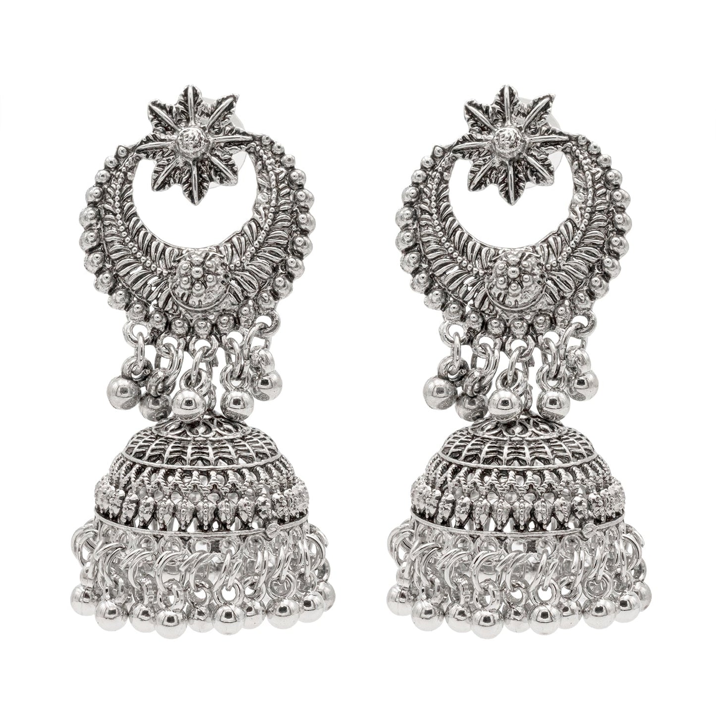 Shining Jewel Traditional Indian Silver Oxidised Chand Bali Jhumka Earring For Women - Silver (SJE_178_S)