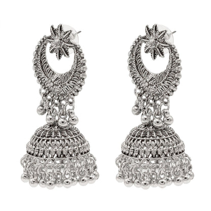 Shining Jewel Traditional Indian Silver Oxidised Chand Bali Jhumka Earring For Women - Silver (SJE_178_S)