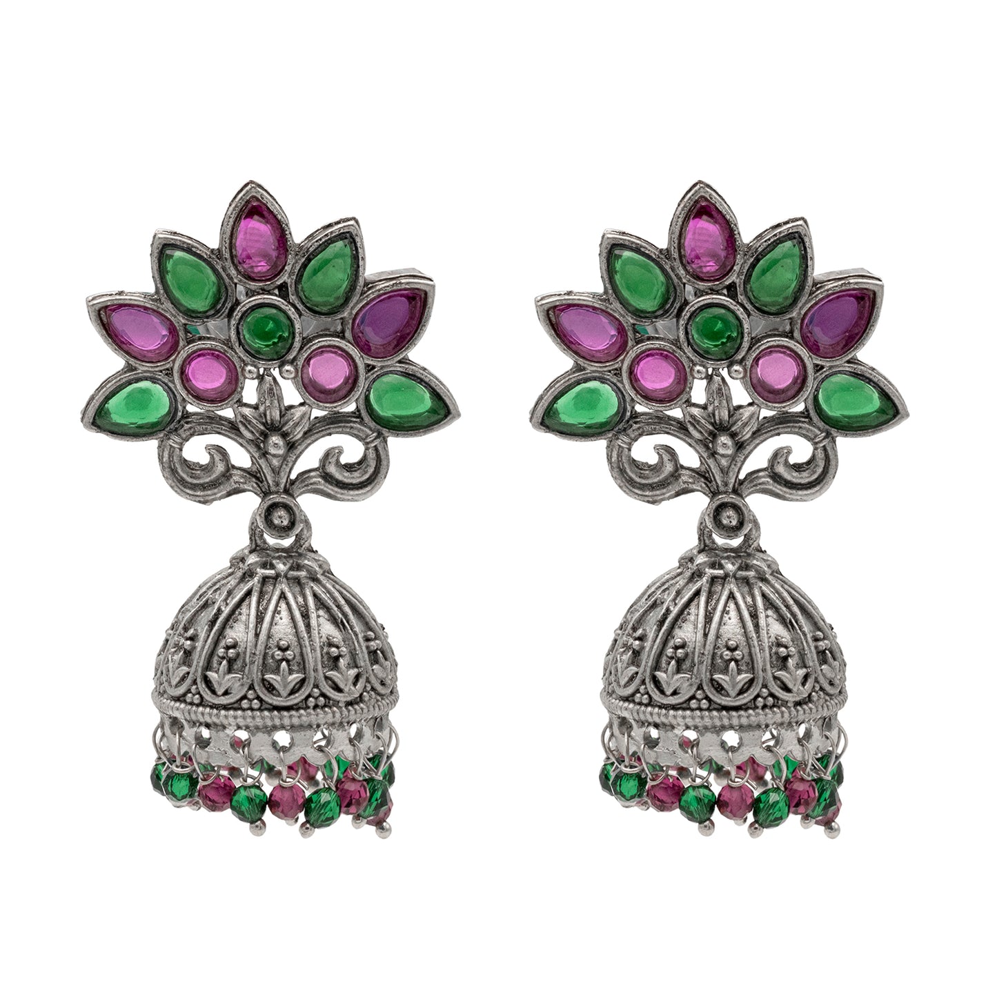 Traditional Indian Matte Silver Oxidised Green CZ Crystal Studded Tree Design Jhumka Earring For Women-Silver Green (SJE_180_S_G)