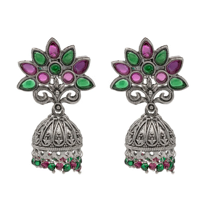 Traditional Indian Matte Silver Oxidised Green CZ Crystal Studded Tree Design Jhumka Earring For Women-Silver Green (SJE_180_S_G)