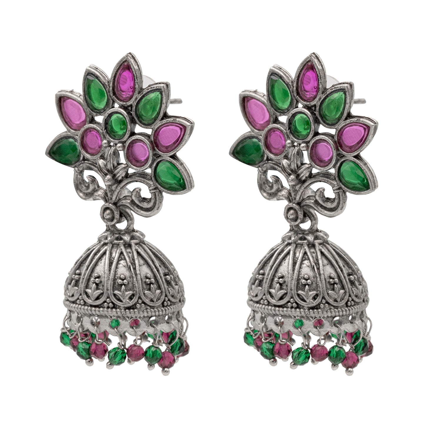 Traditional Indian Matte Silver Oxidised Green CZ Crystal Studded Tree Design Jhumka Earring For Women-Silver Green (SJE_180_S_G)