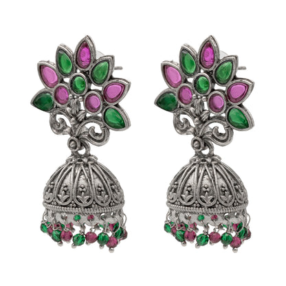 Traditional Indian Matte Silver Oxidised Green CZ Crystal Studded Tree Design Jhumka Earring For Women-Silver Green (SJE_180_S_G)