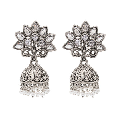 Traditional Indian Matte Silver Oxidised Green CZ Crystal Studded Tree Design Jhumka Earring For Women-Silver Green (SJE_180_S_G)