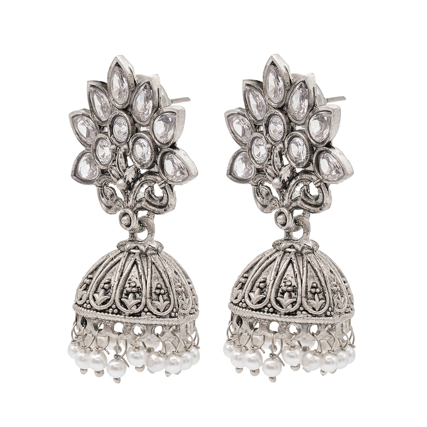 Traditional Indian Matte Silver Oxidised Green CZ Crystal Studded Tree Design Jhumka Earring For Women-Silver Green (SJE_180_S_G)