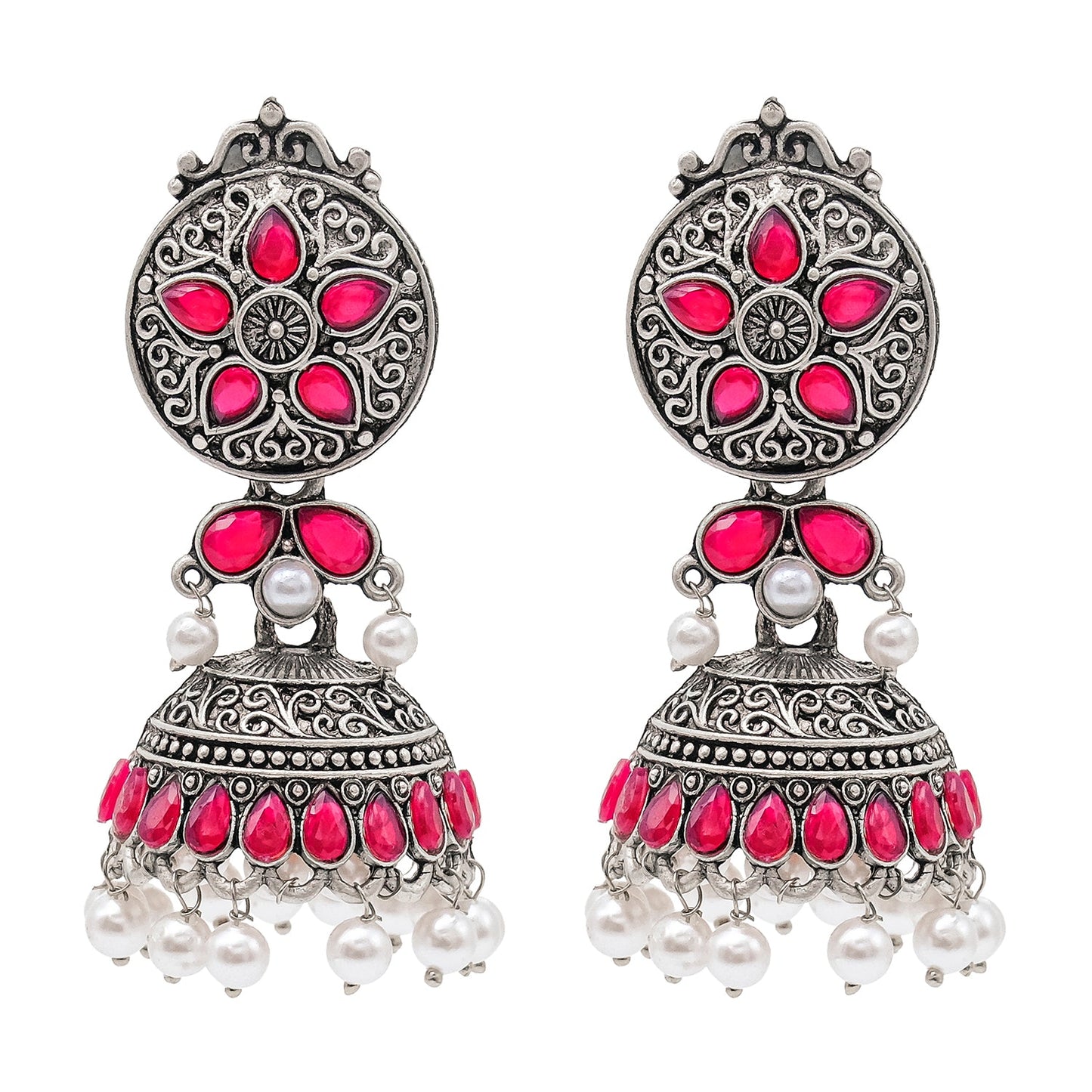 Shining Jewel Traditional Indian Matte Silver Oxidised CZ, Crystal Studded Jhumka Earring For Women - Silver Maroon (SJE_181_S_M)