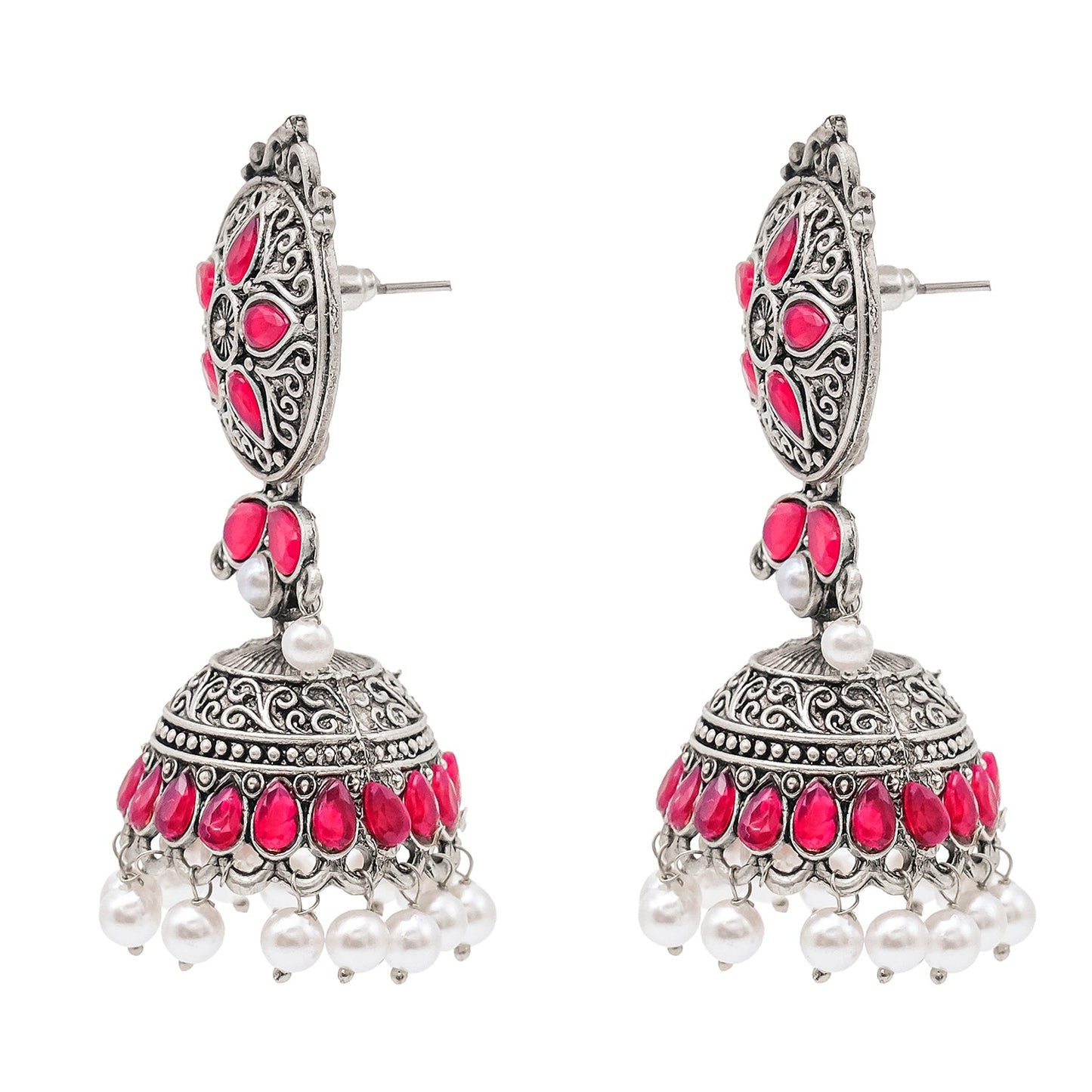 Shining Jewel Traditional Indian Matte Silver Oxidised CZ, Crystal Studded Jhumka Earring For Women - Silver Maroon (SJE_181_S_M)