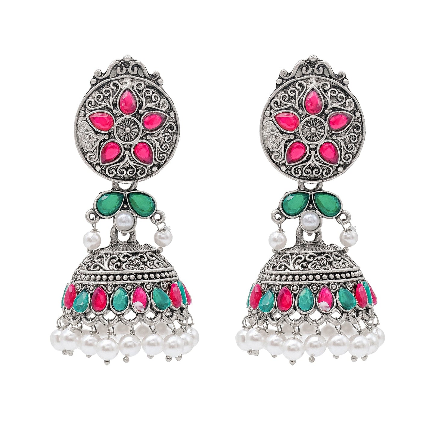 Shining Jewel Traditional Indian Matte Silver Oxidised CZ, Crystal Studded Jhumka Earring For Women - Silver Ruby Green (SJE_181_S_R_G)