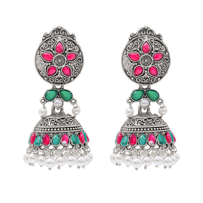 Shining Jewel Traditional Indian Matte Silver Oxidised CZ, Crystal Studded Jhumka Earring For Women - Silver Ruby Green (SJE_181_S_R_G)