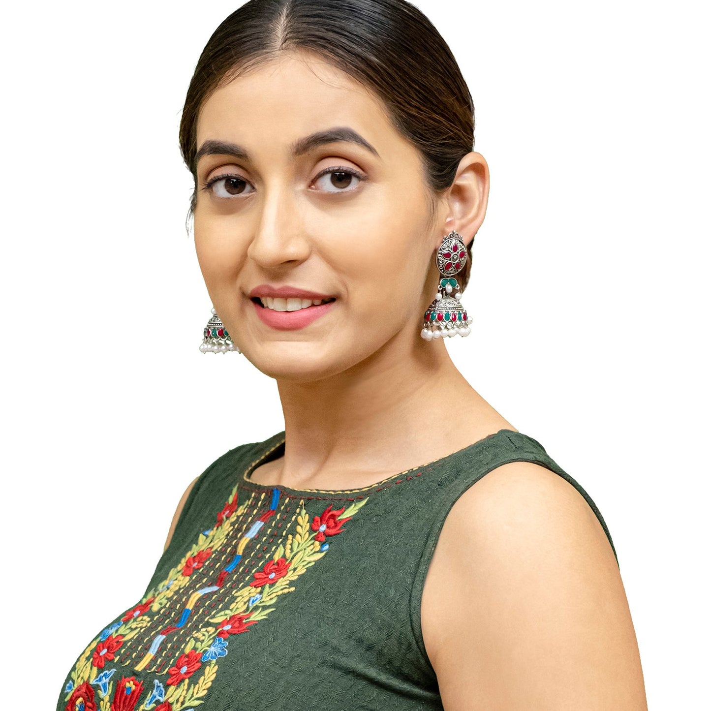 Shining Jewel Traditional Indian Matte Silver Oxidised CZ, Crystal Studded Jhumka Earring For Women - Silver Ruby Green (SJE_181_S_R_G)