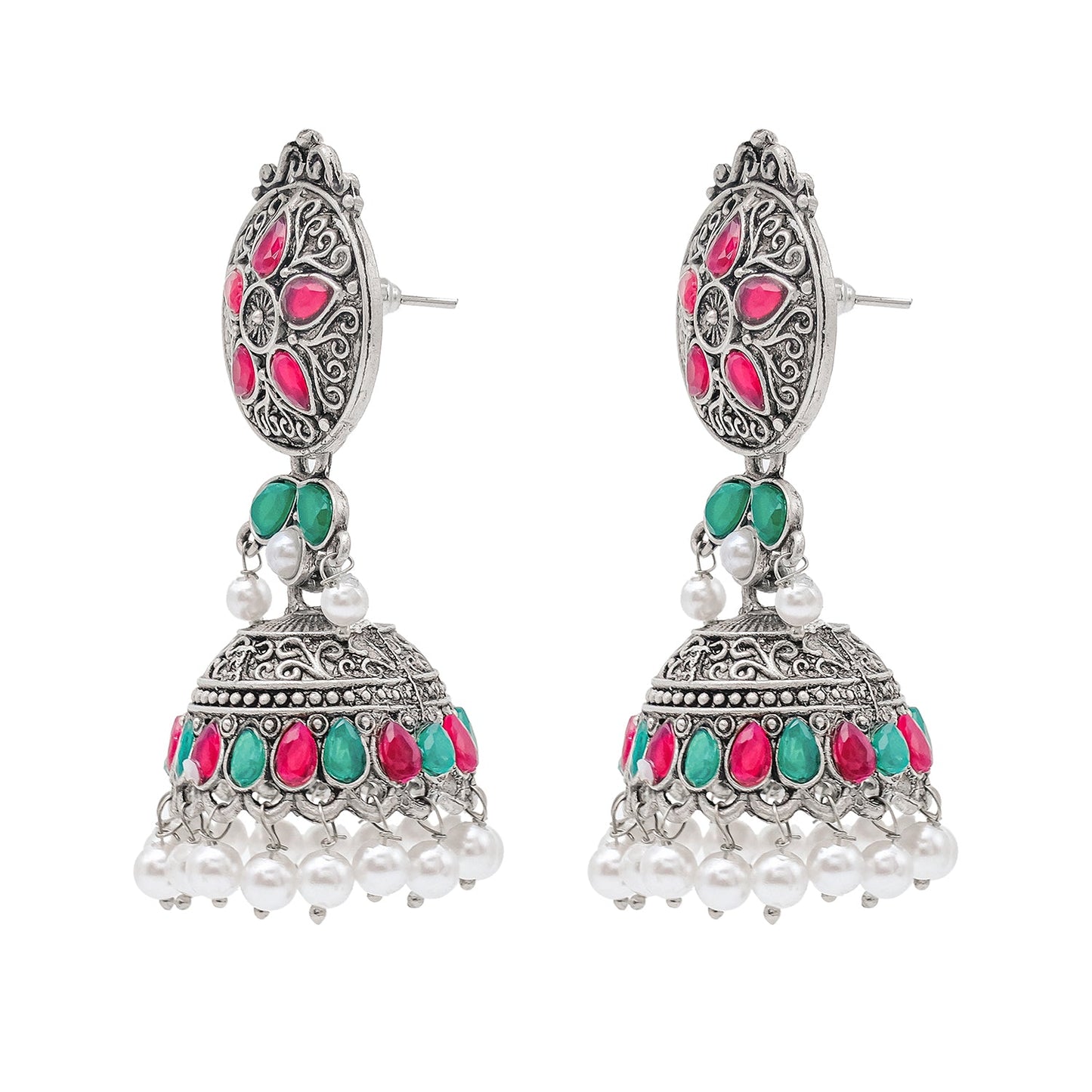 Shining Jewel Traditional Indian Matte Silver Oxidised CZ, Crystal Studded Jhumka Earring For Women - Silver Ruby Green (SJE_181_S_R_G)