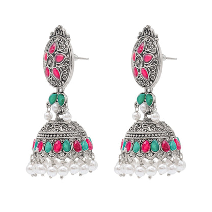 Shining Jewel Traditional Indian Matte Silver Oxidised CZ, Crystal Studded Jhumka Earring For Women - Silver Ruby Green (SJE_181_S_R_G)