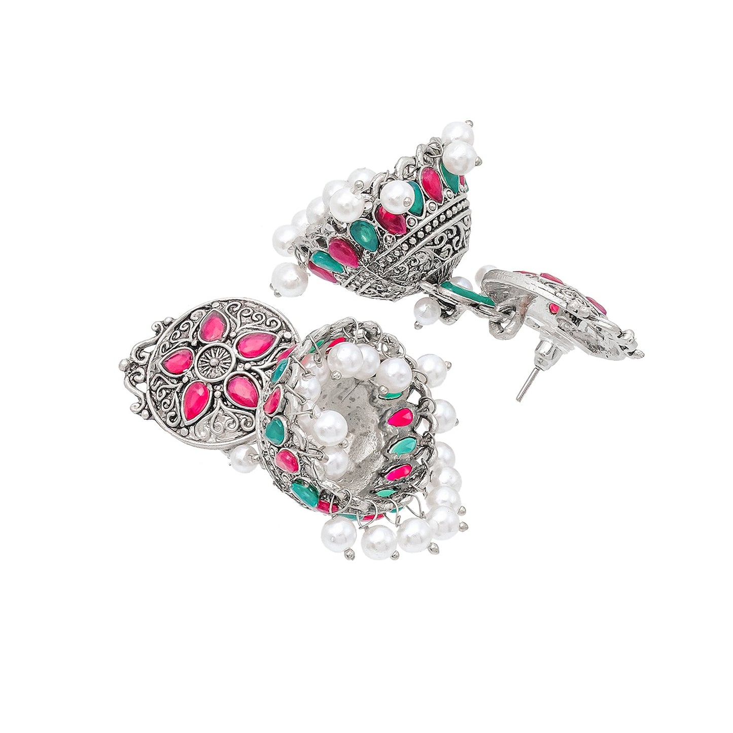 Shining Jewel Traditional Indian Matte Silver Oxidised CZ, Crystal Studded Jhumka Earring For Women - Silver Ruby Green (SJE_181_S_R_G)