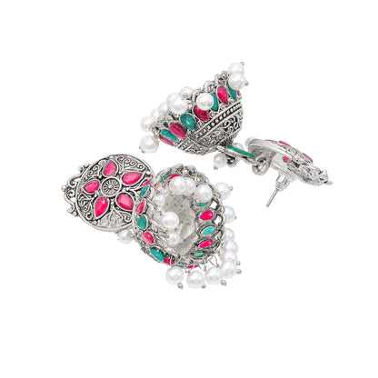 Shining Jewel Traditional Indian Matte Silver Oxidised CZ, Crystal Studded Jhumka Earring For Women - Silver Ruby Green (SJE_181_S_R_G)
