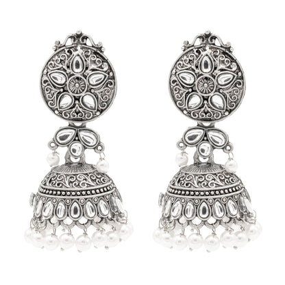 Shining Jewel Traditional Indian Matte Silver Oxidised CZ, Crystal Studded Jhumka Earring For Women - Silver White (SJE_181_S_W)