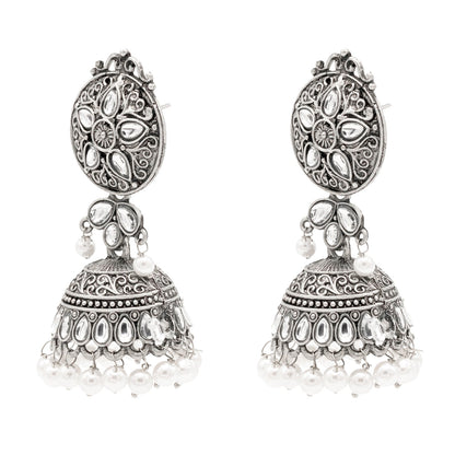 Shining Jewel Traditional Indian Matte Silver Oxidised CZ, Crystal Studded Jhumka Earring For Women - Silver White (SJE_181_S_W)