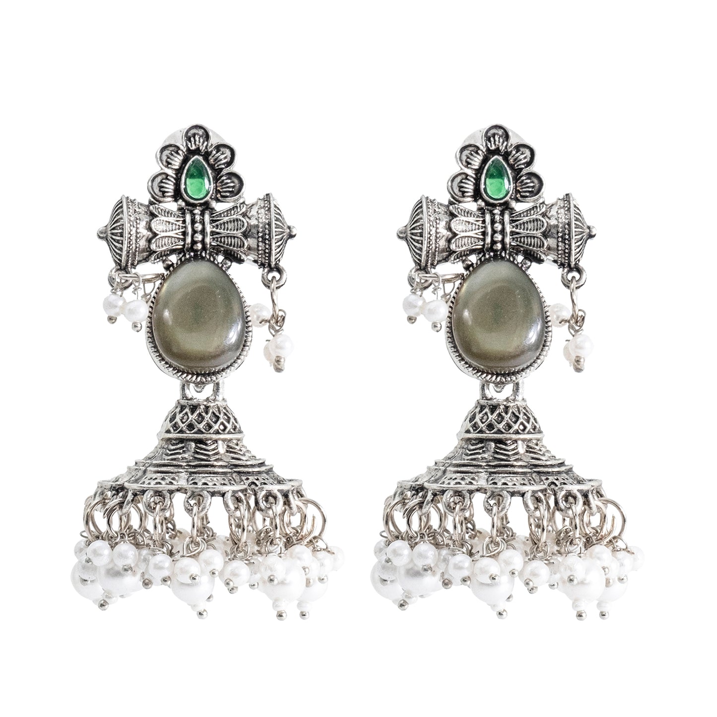 Traditional Indian Matte Silver Oxidised CZ Crystal Studded Damaroo Jhumka Earring For Women- Green (SJE_182_S_G)