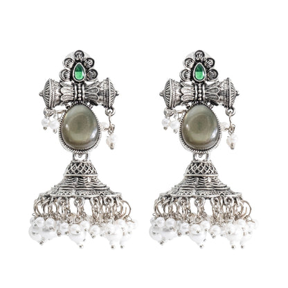 Traditional Indian Matte Silver Oxidised CZ Crystal Studded Damaroo Jhumka Earring For Women- Green (SJE_182_S_G)