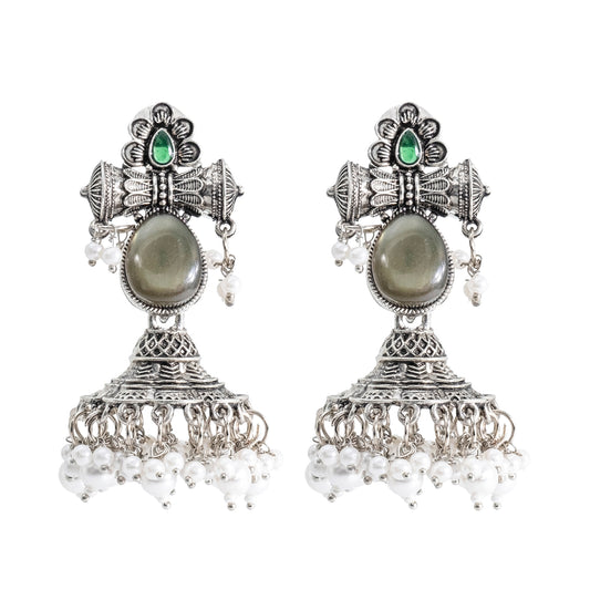 Traditional Indian Matte Silver Oxidised CZ Crystal Studded Damaroo Jhumka Earring For Women- Green (SJE_182_S_G)