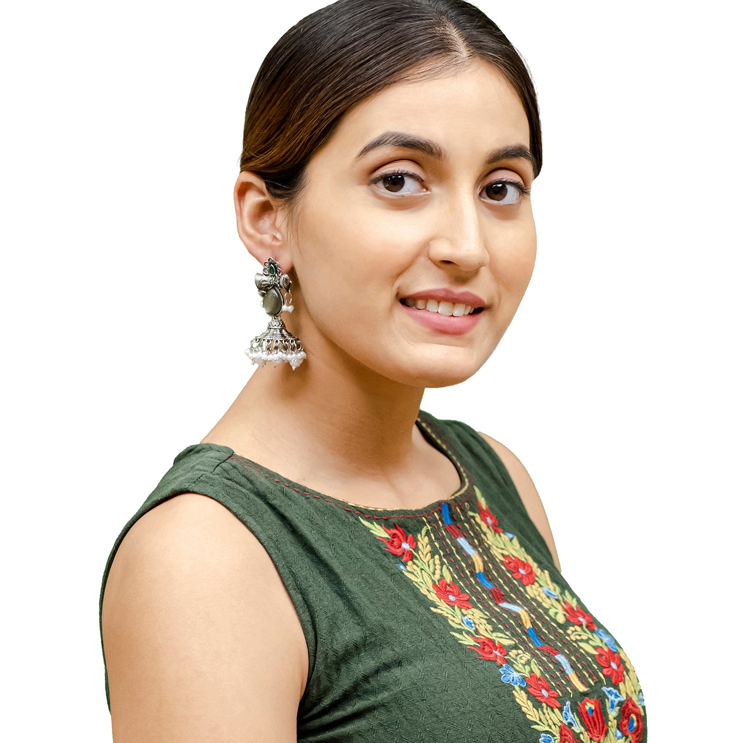 Traditional Indian Matte Silver Oxidised CZ Crystal Studded Damaroo Jhumka Earring For Women- Green (SJE_182_S_G)