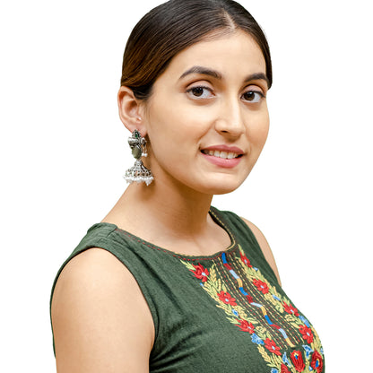 Traditional Indian Matte Silver Oxidised CZ Crystal Studded Damaroo Jhumka Earring For Women- Green (SJE_182_S_G)