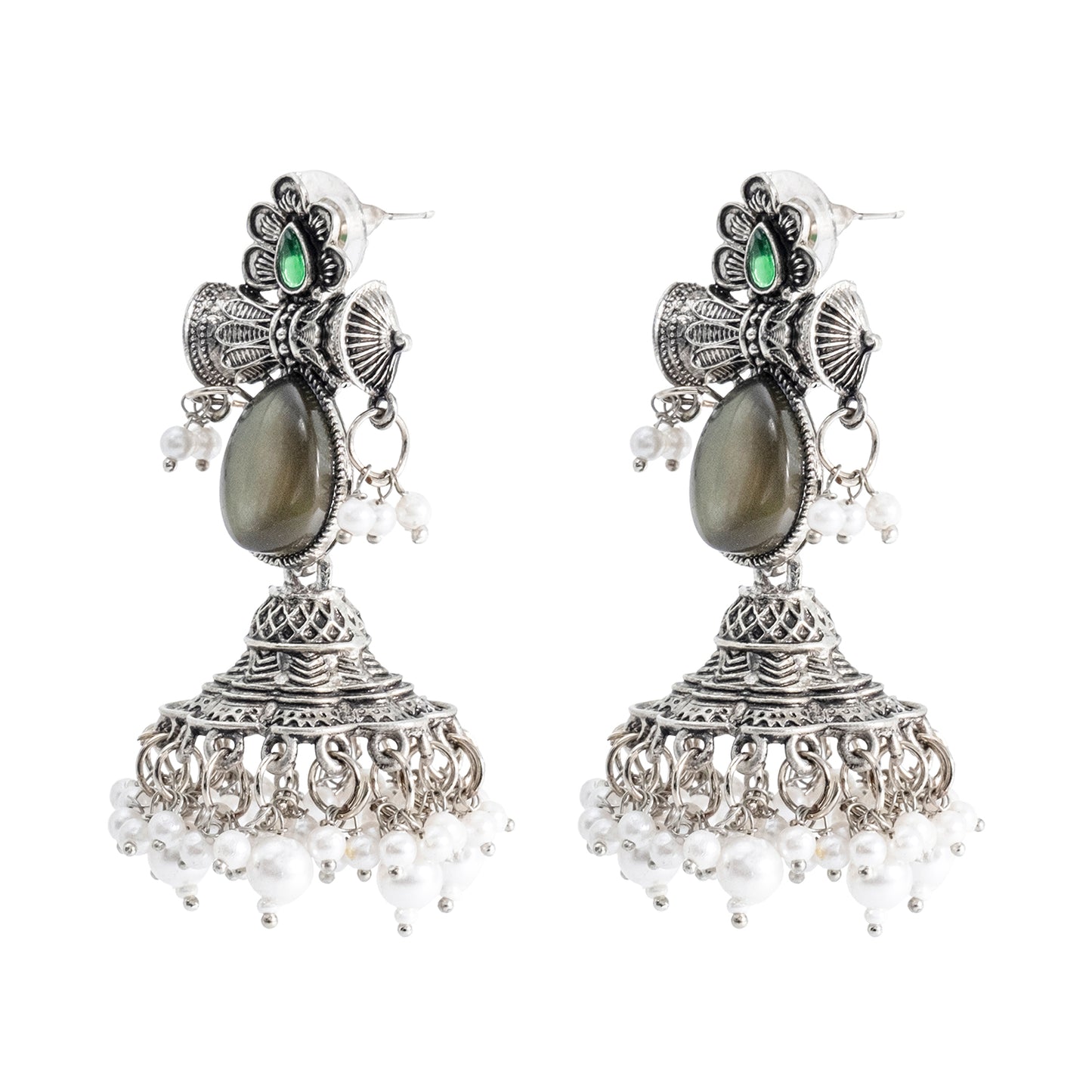 Traditional Indian Matte Silver Oxidised CZ Crystal Studded Damaroo Jhumka Earring For Women- Green (SJE_182_S_G)