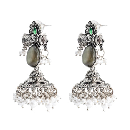 Traditional Indian Matte Silver Oxidised CZ Crystal Studded Damaroo Jhumka Earring For Women- Green (SJE_182_S_G)