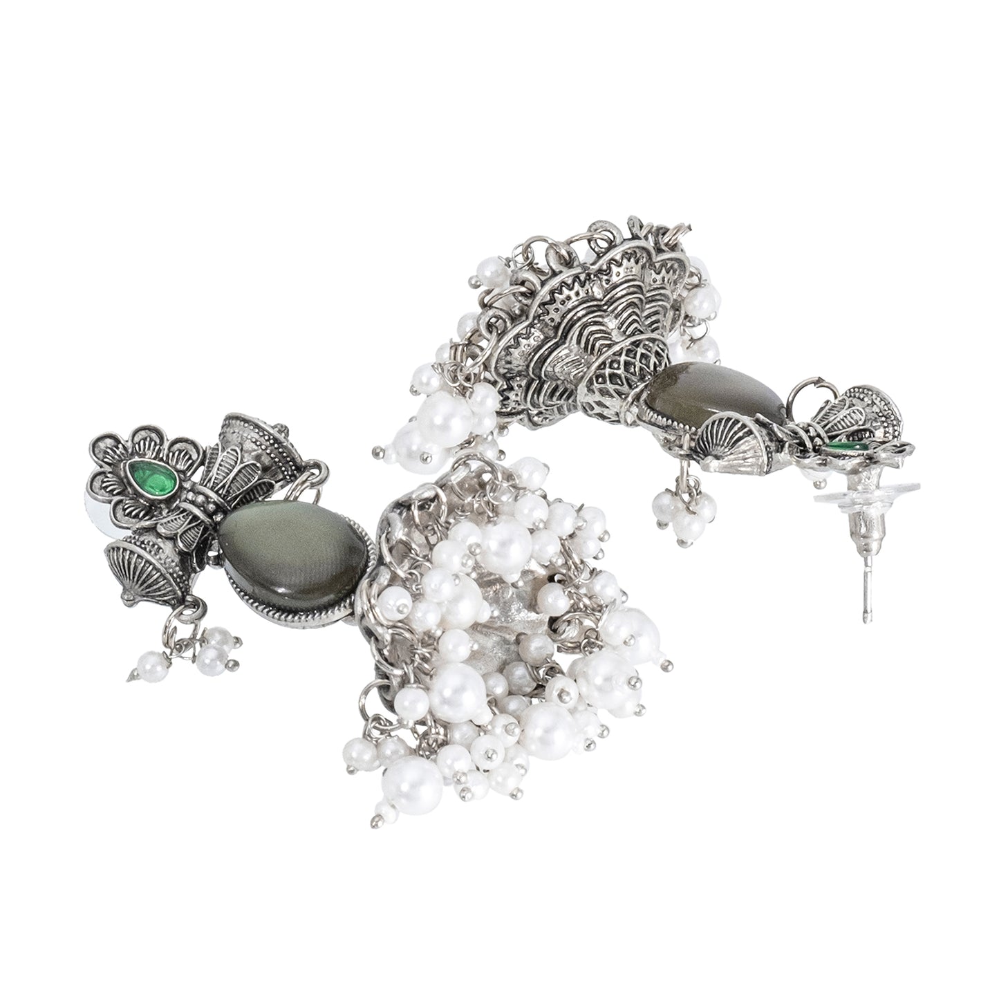 Traditional Indian Matte Silver Oxidised CZ Crystal Studded Damaroo Jhumka Earring For Women- Green (SJE_182_S_G)