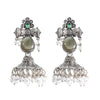 Traditional Indian Matte Silver Oxidised CZ Crystal Studded Damaroo Jhumka Earring For Women- Pink Green (SJE_182_S_P_G)